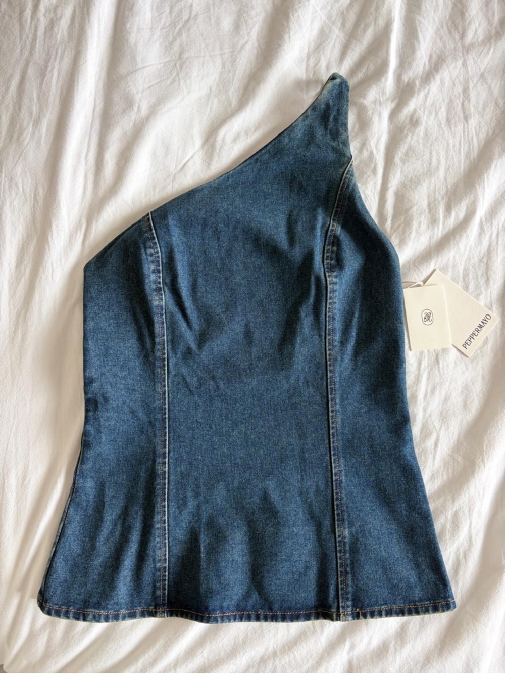 Peppermayo-Shoulder Dark Blue Denim Top
